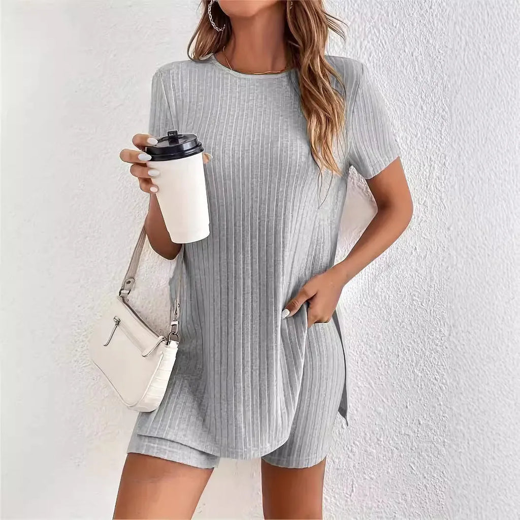 Women's cotton crew neck shorts suit in black, grey or khaki with ribbed detailing