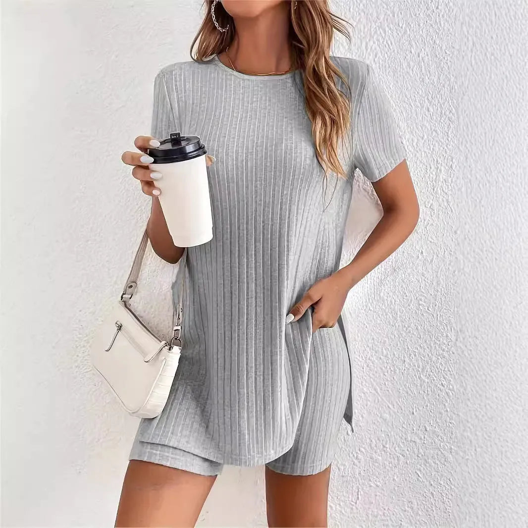 Women's cotton crew neck shorts suit in black, grey or khaki with ribbed detailing