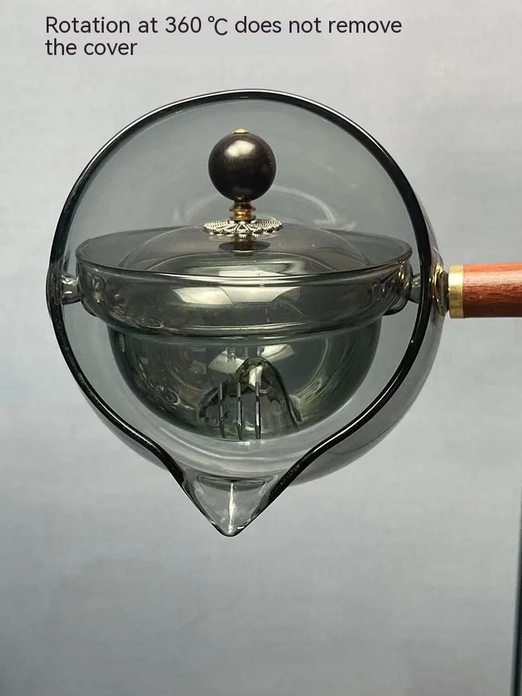 Semi-automatic rotary glass teapot with wooden handle and infuser in transparent borosilicate glass