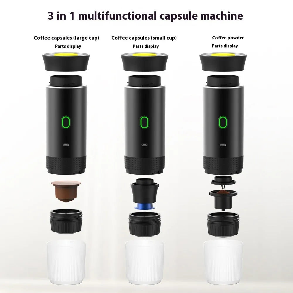Portable 3-in-1 electric espresso machine for capsules and ground coffee in multiple colours