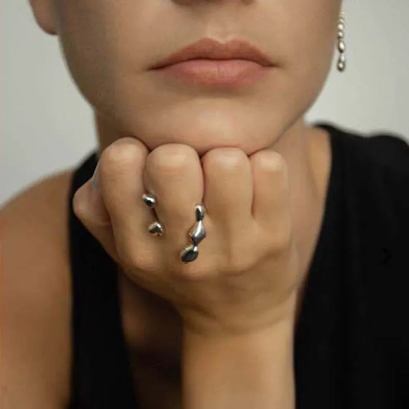 Brass opening ring with spherical elements in gold or silver finish, adjustable women's fashion jewellery