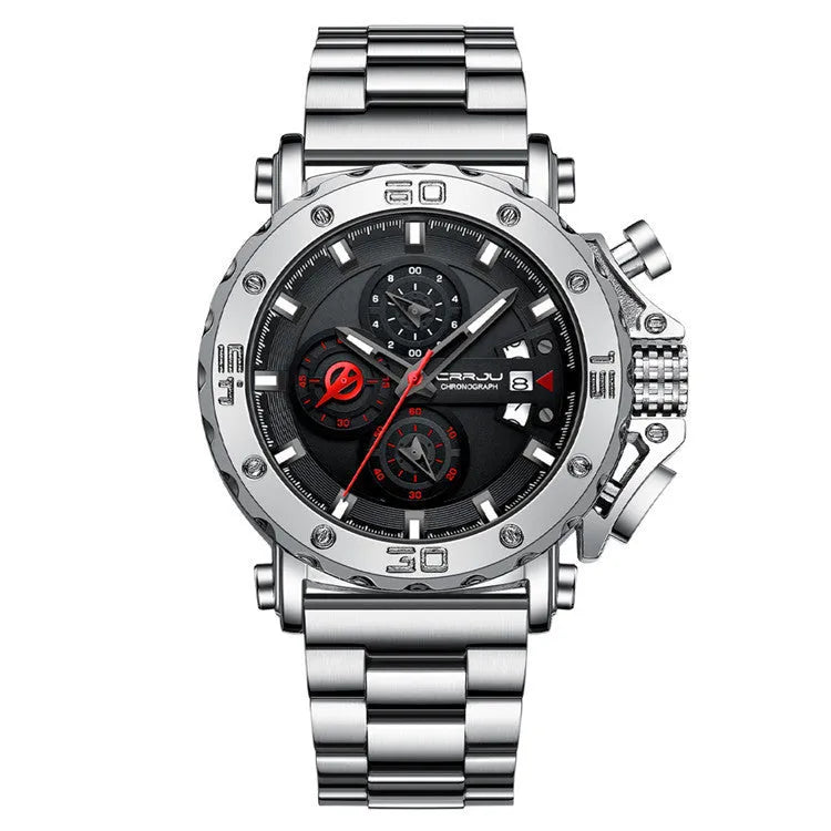 Men's quartz watch with 4.7cm oversized dial stainless steel band silver blue face