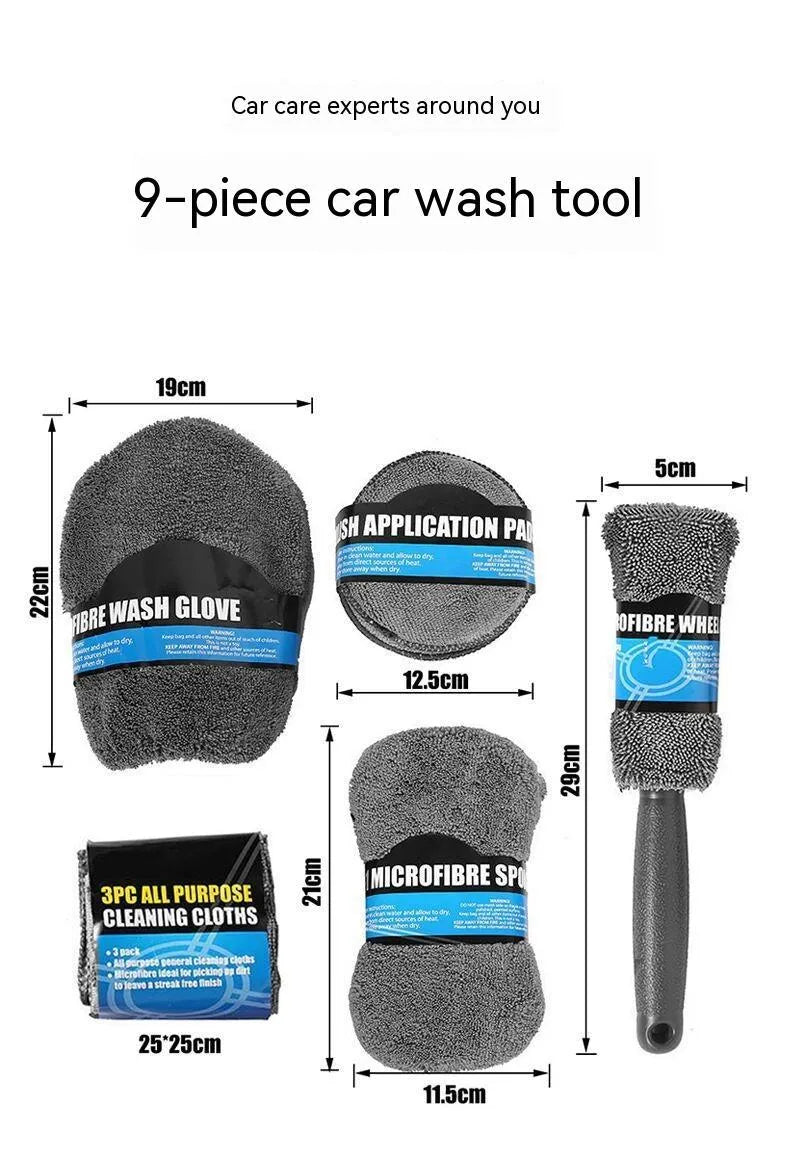 9-piece grey car wash cleaning set with microfiber sponge, gloves, tyre brush, wipes and towels
