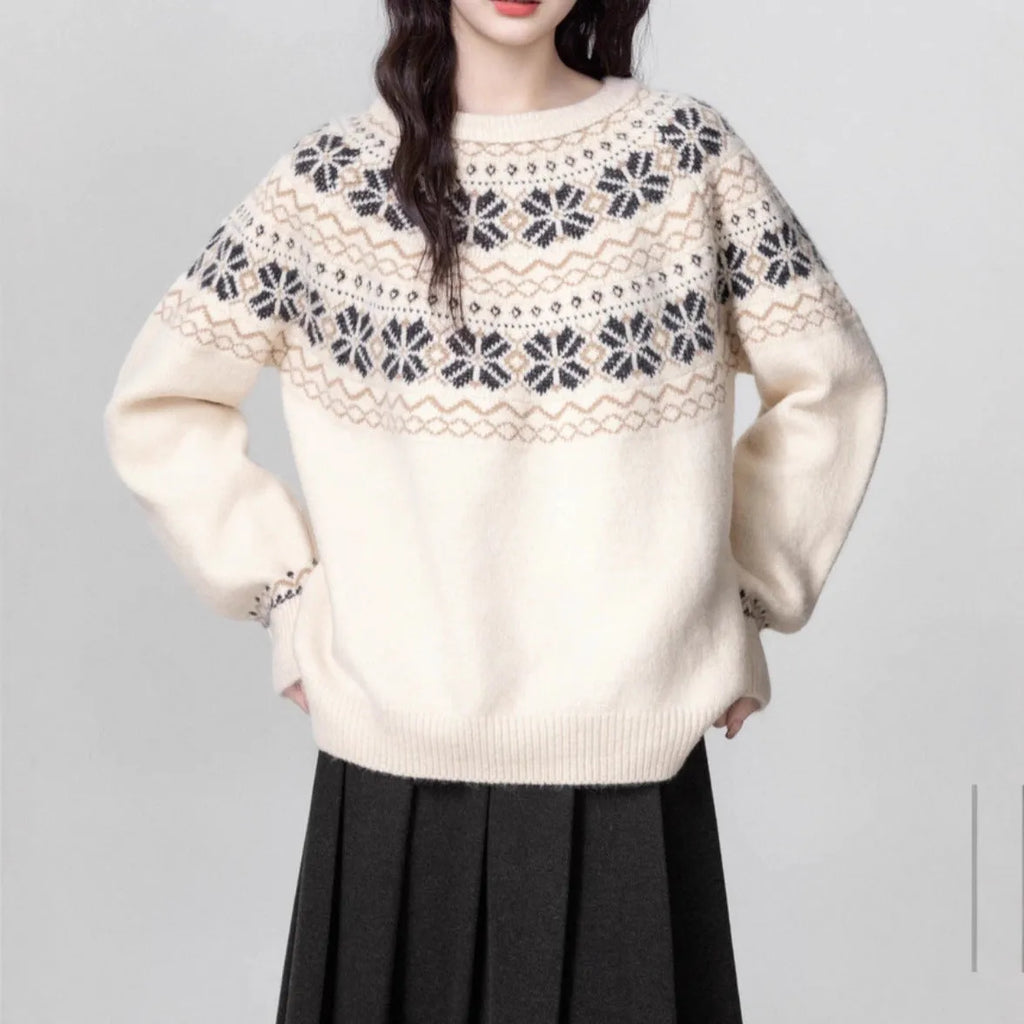Women's Milky White Fair Isle patterned pullover sweater with a loose fit and crew neck.