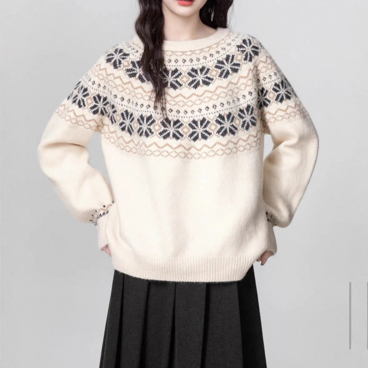 Women's Milky White Fair Isle patterned pullover sweater with a loose fit and crew neck.