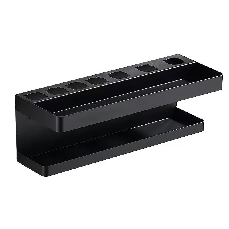 White double-layer aluminium wall rack holding hair curlers, mounted punch-free on a tiled bathroom wall.