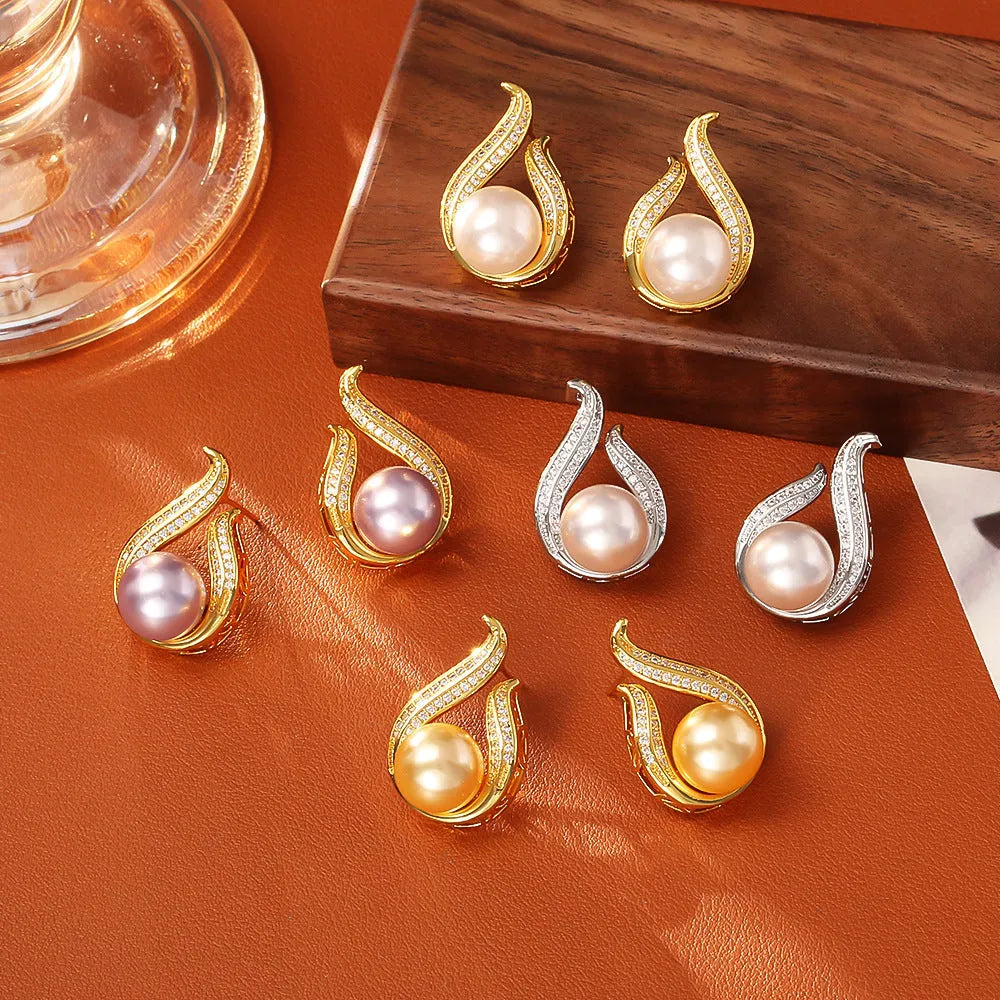 Glass pearl stud earrings with real gold plating on copper base, four colour options round geometric style