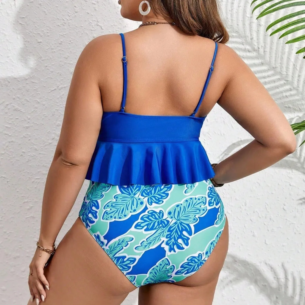 Blue women's two-piece polyester bikini swimsuit set with brief-style shorts