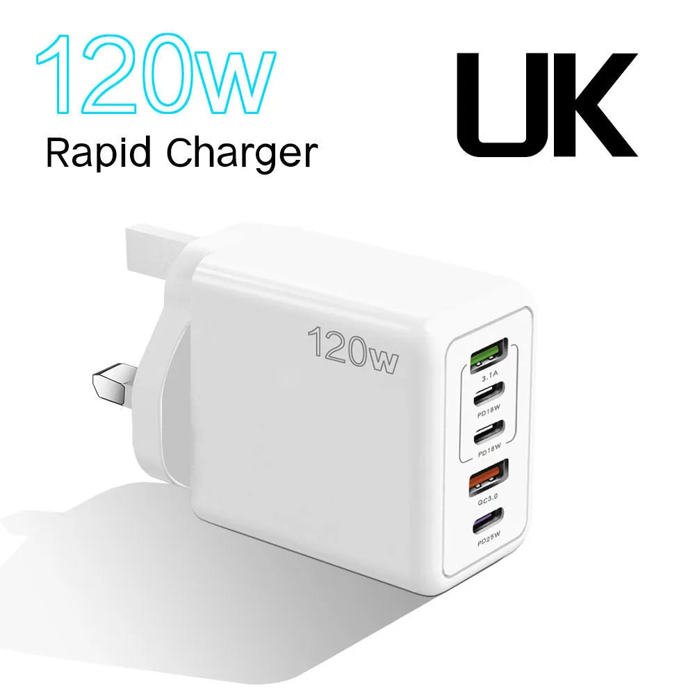 120W multi-port fast charger with five USB ports in white colour and UK three-pin plug