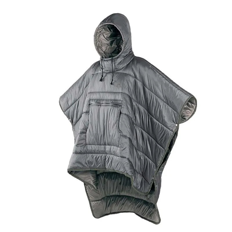 Outdoor wearable cloak sleeping bag in army green or grey, shown as a blanket and cape.