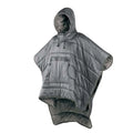 Outdoor wearable cloak sleeping bag in army green or grey, shown as a blanket and cape.