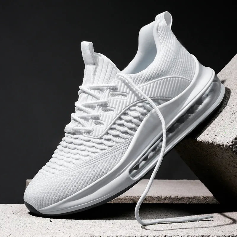 Men's low-top black mesh running shoes with white sole and lace-up front.