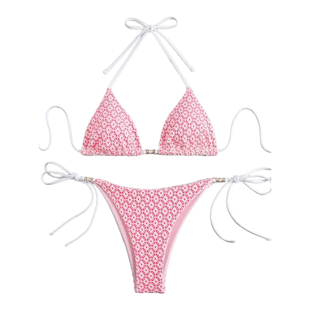 Women's multicolor bikini with split open back, backless design, bra and matching shorts, available in pink