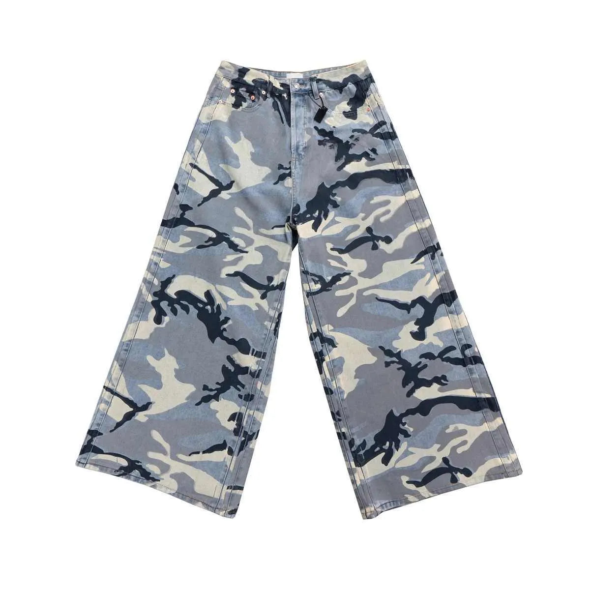 Snow camouflage blue loose fit denim jeans on a neutral background, showing mid-waist and relaxed leg cut.