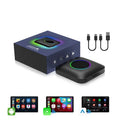 High-pass eight-core wired to wireless CarPlay and Android Auto conversion box with data cables.
