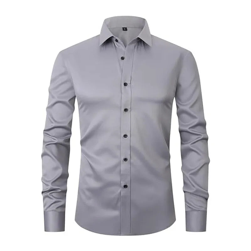 Man wearing a solid-colour stretch long sleeve work shirt made from polyester fabric.