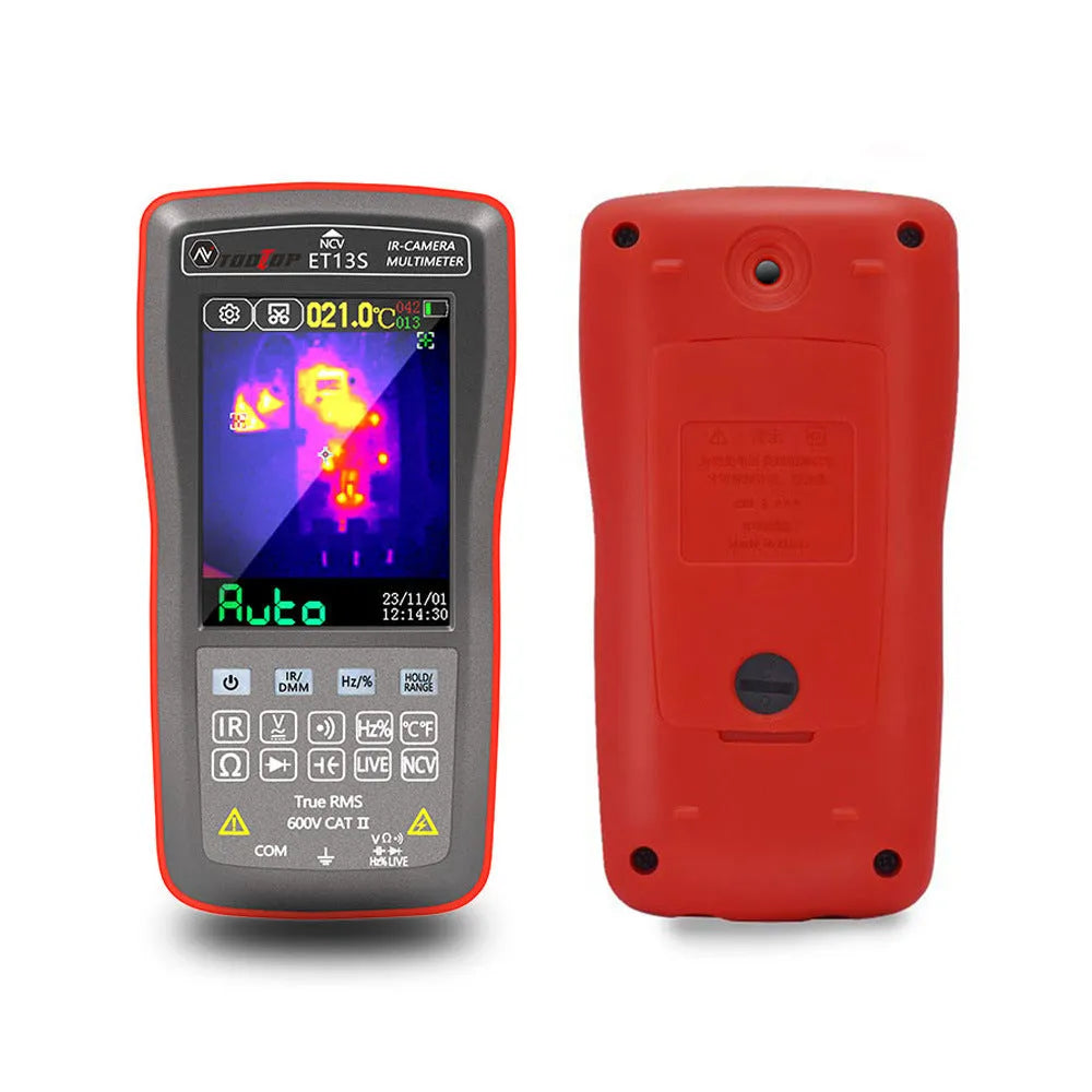 ET13S Pro handheld thermal imaging camera and infrared thermometer on a workbench.