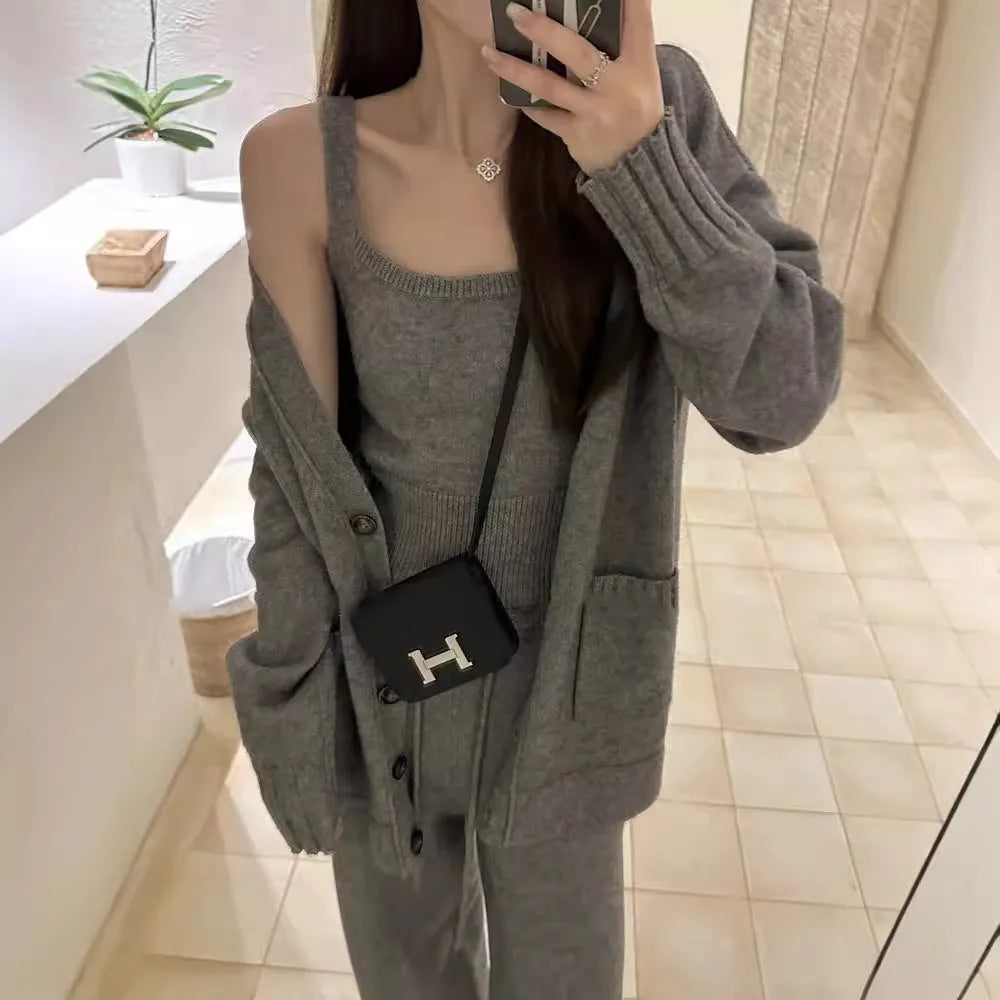 Women's wool blend three-piece cardigan set with vest and casual pants in beige colour