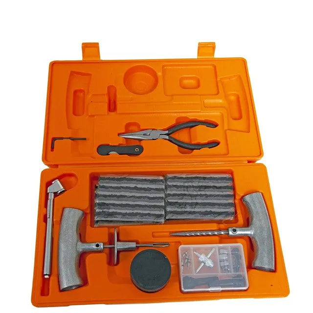 Speedy Seal emergency tyre repair tool set in a compact yellow case with pressure gauge and tools.
