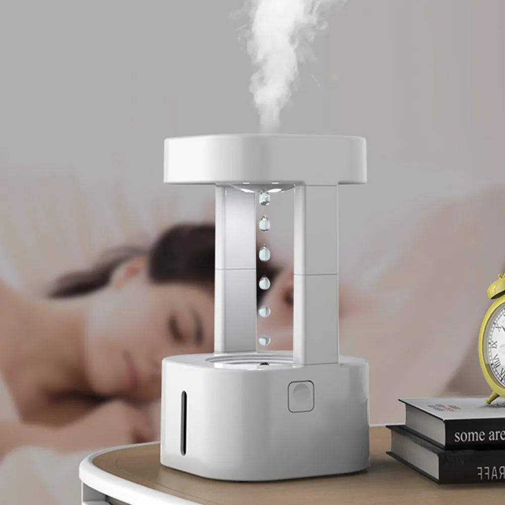White anti-gravity water droplet USB humidifier with coloured lights on a desk