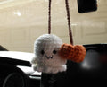 Plush hand-woven car hanging ornament showing various cartoon character designs including ghosts, bats, pumpkins, and monsters