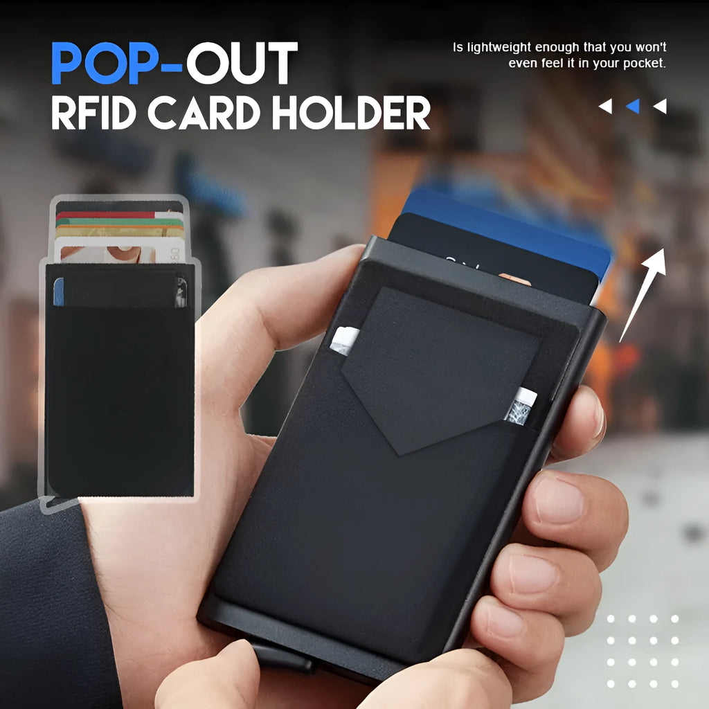 Frosted aluminium alloy credit card holder in multiple colours, showing slim profile.