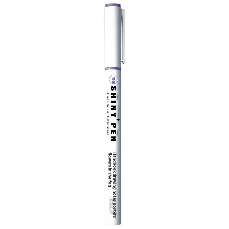 Four glitter fluorescent highlighter pens with slanted tips in six colour options including taro puff and peach nougat pastry