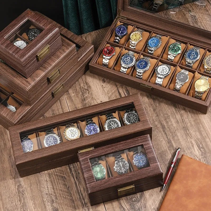 Household portable retro wood grain PU leather watch storage box with soft pillows, MDF shell, and glass finish