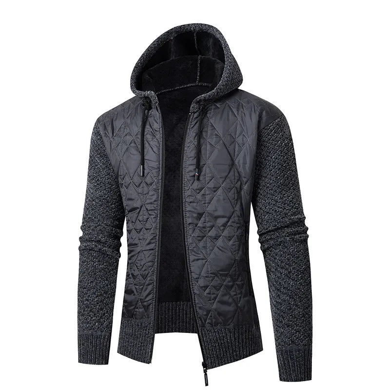 Man wearing a grey hooded corduroy sweater coat with a cinched waist.
