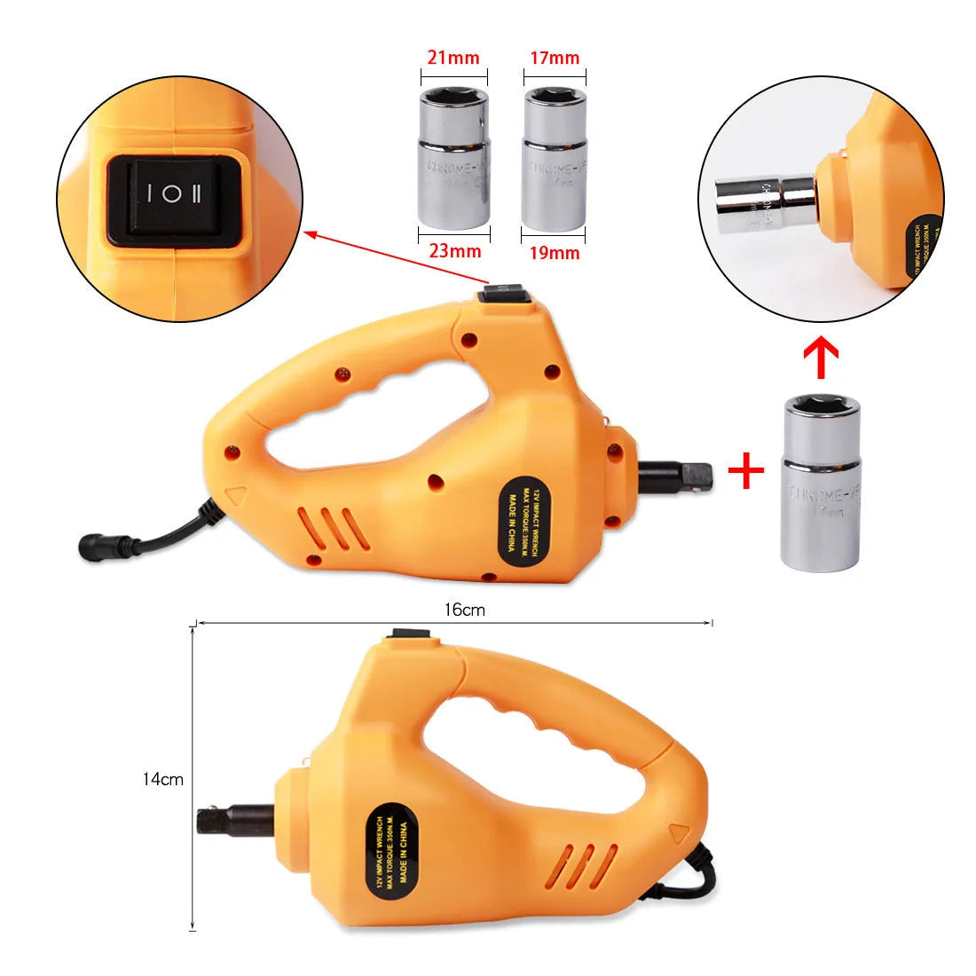 Yellow steel car electric jack set with electric wrench for vehicle tyre changes and maintenance
