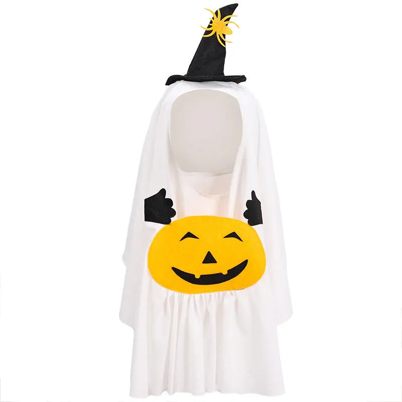 White pumpkin ghost Halloween costume for dogs, shown in viscose fibre material with S, M, L size options.
