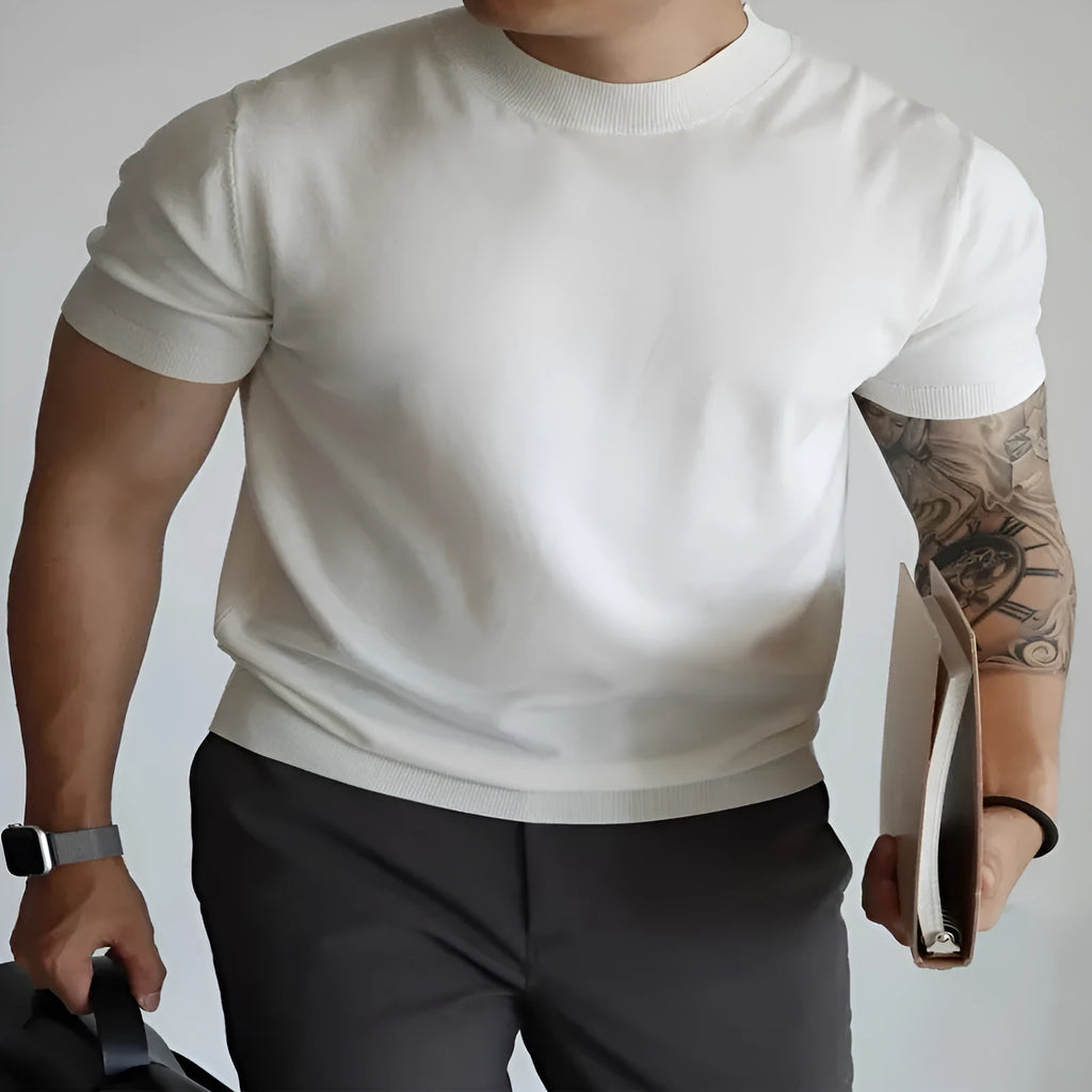 Men's slim-fit polyester T-shirt in solid colour options including white, black, grey, caramel, camel, coffee, navy, and wine red.