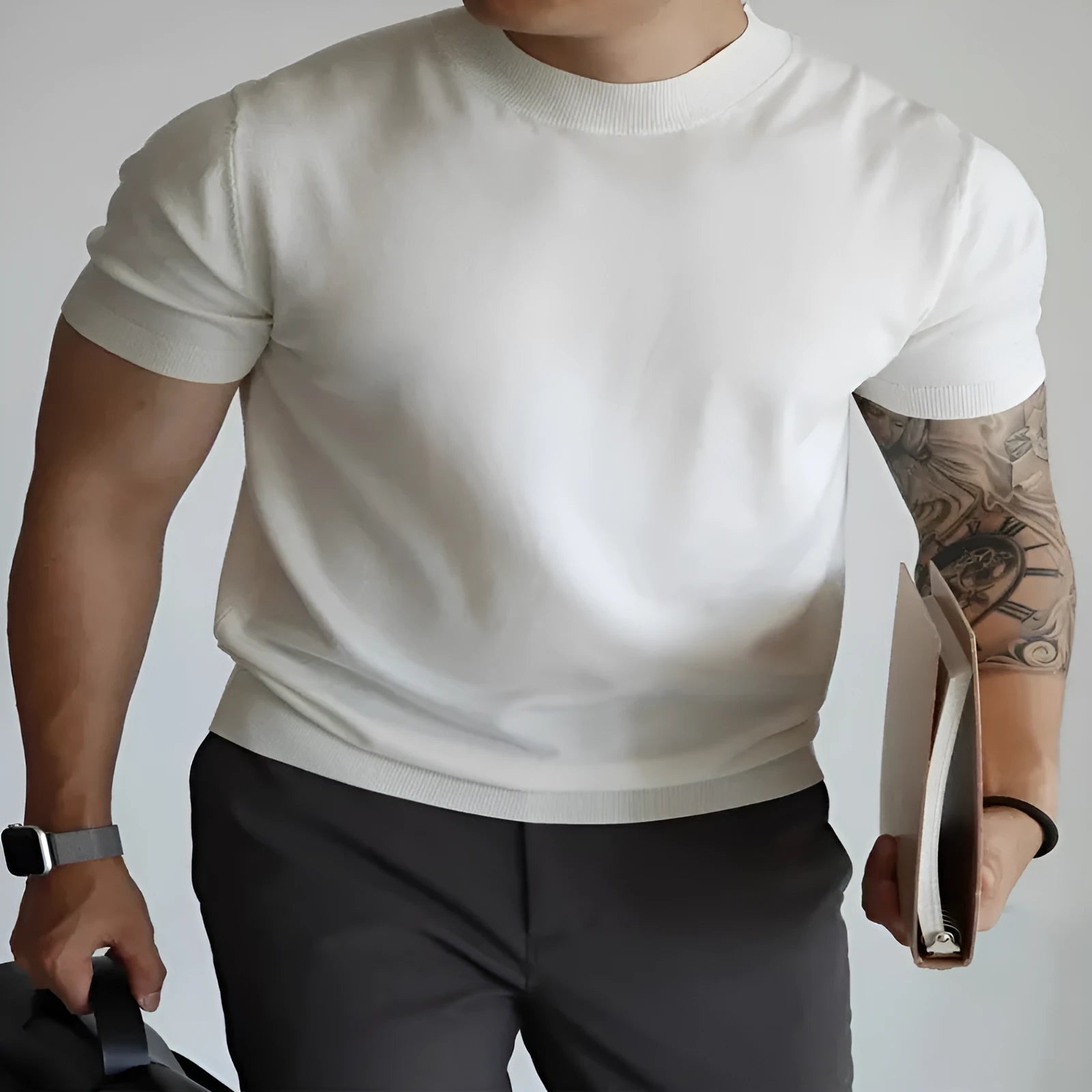 Men's slim-fit polyester T-shirt in solid colour options including white, black, grey, caramel, camel, coffee, navy, and wine red.