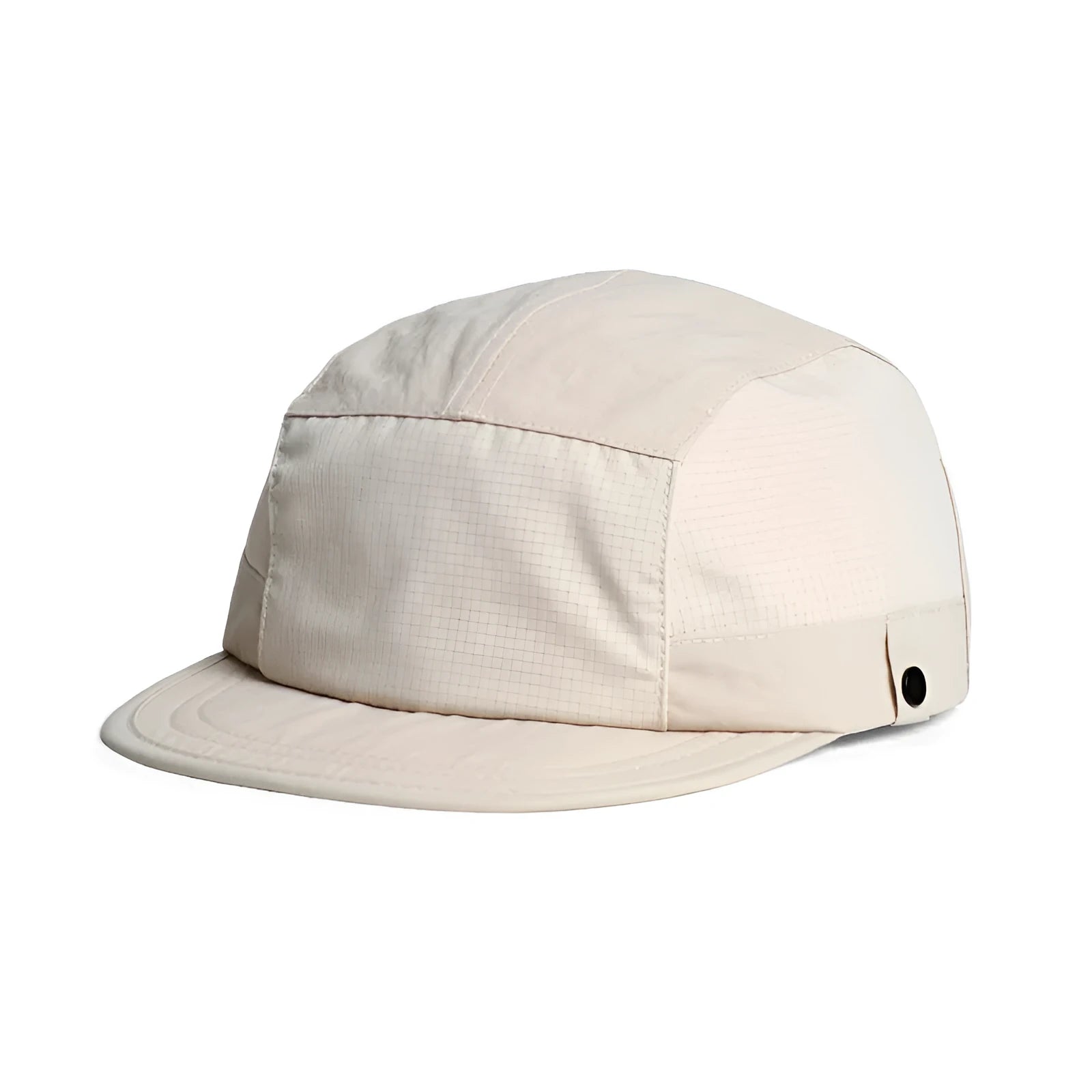 Khaki coloured dome crown summer cap made from breathable polyester fabric on a white background.