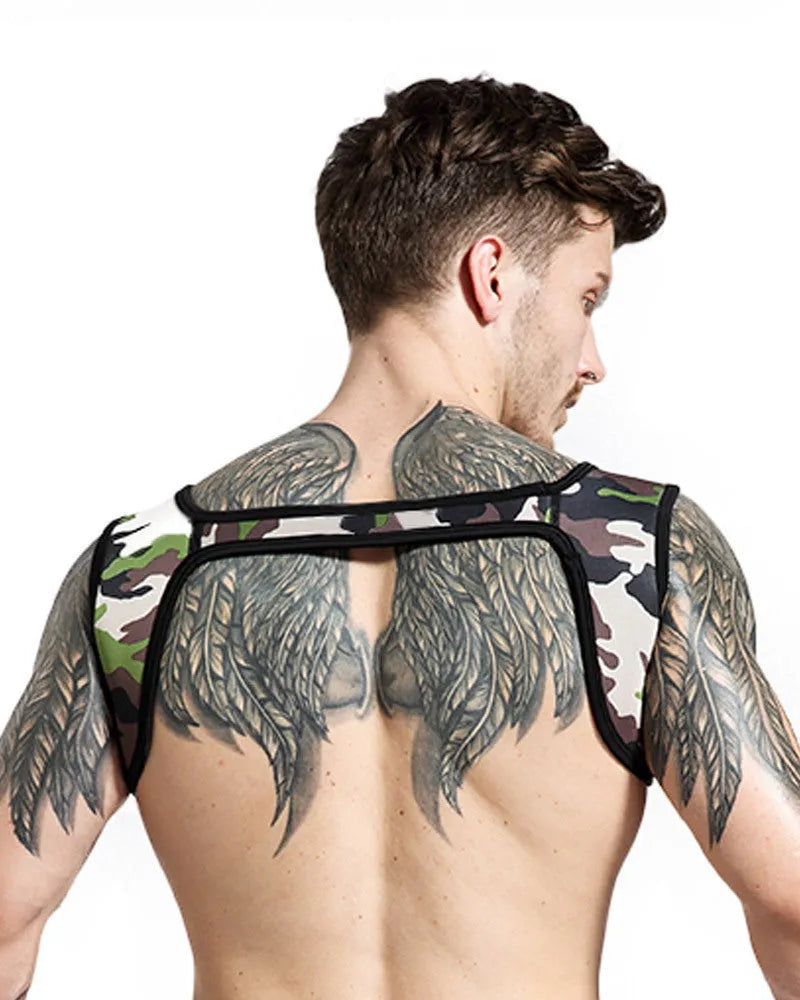 Men's fitness neoprene sports shoulder strap in black, shown on a person for athletic protection