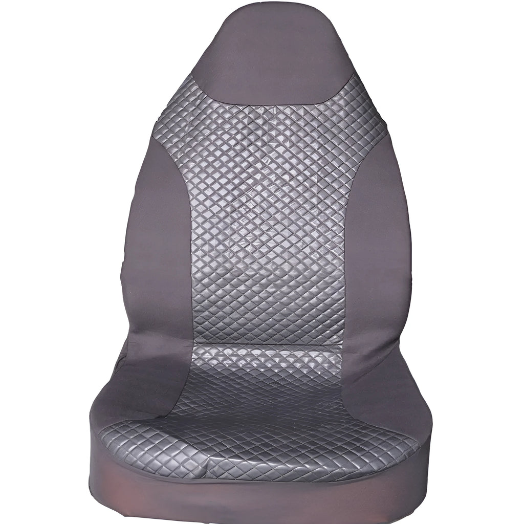 Black quilted automotive seat cover made of PU leather composite material with plastic hooks.