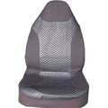 Black quilted automotive seat cover made of PU leather composite material with plastic hooks.