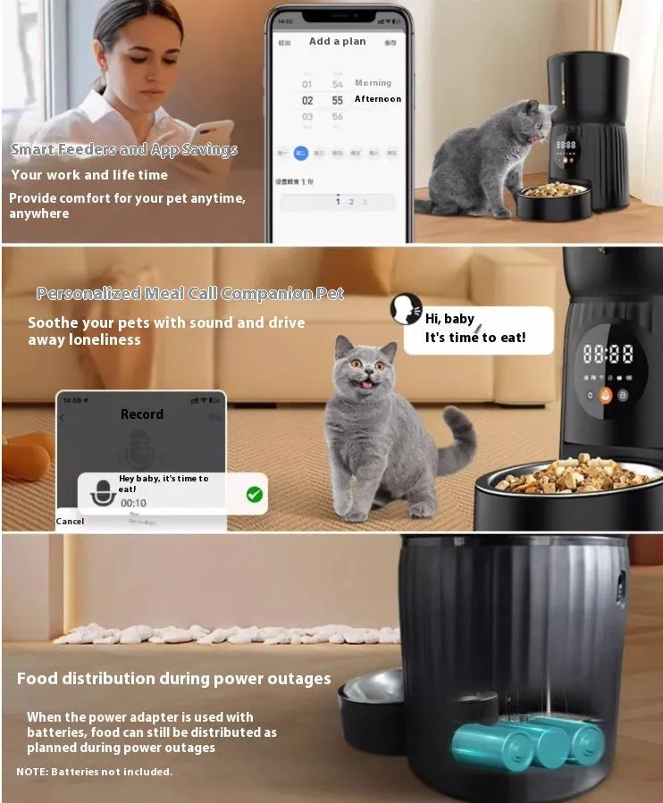 Black automatic pet feeder with smartphone showing feeding schedule and portion control settings
