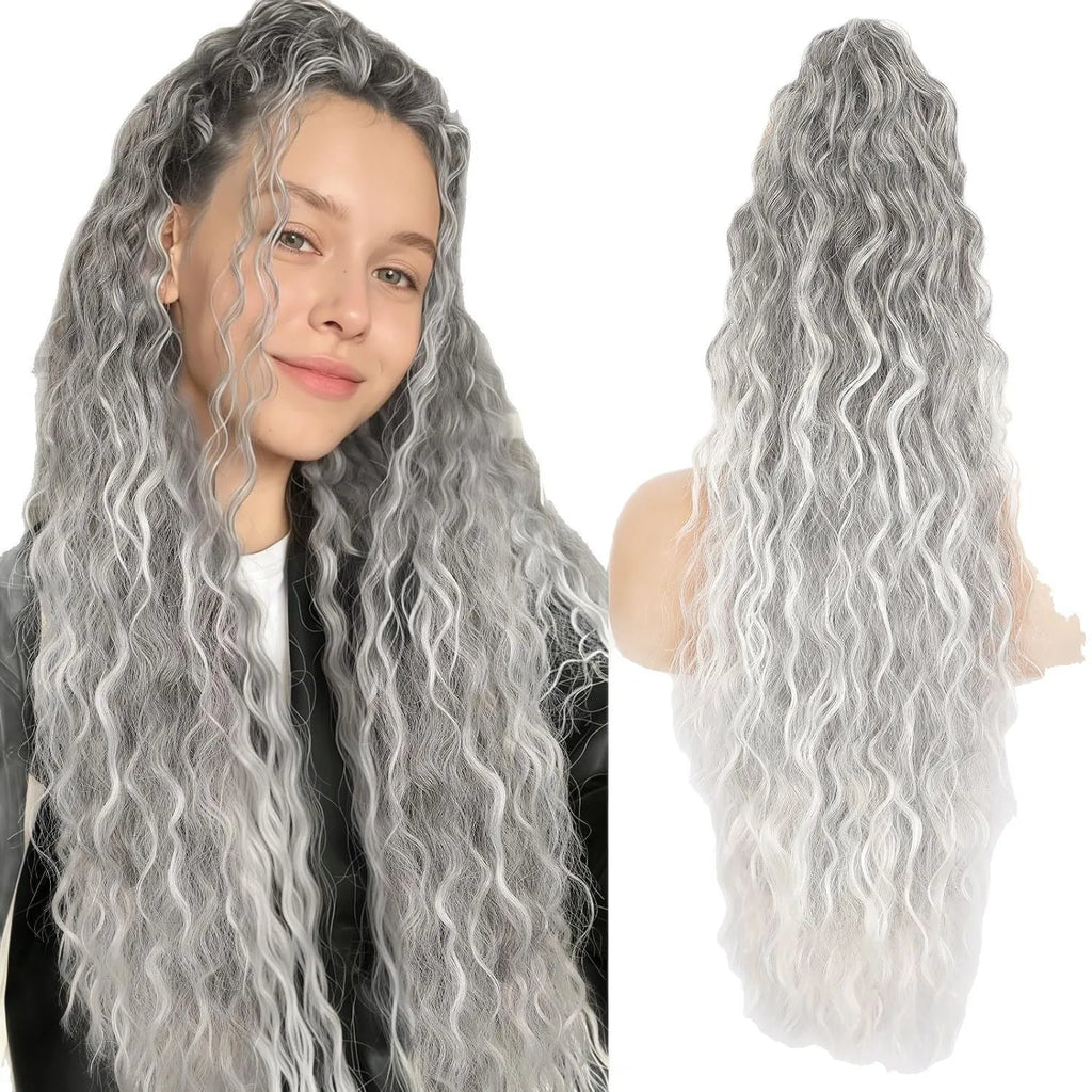 Long 30-inch curly synthetic ponytail wig in high temperature fibre.