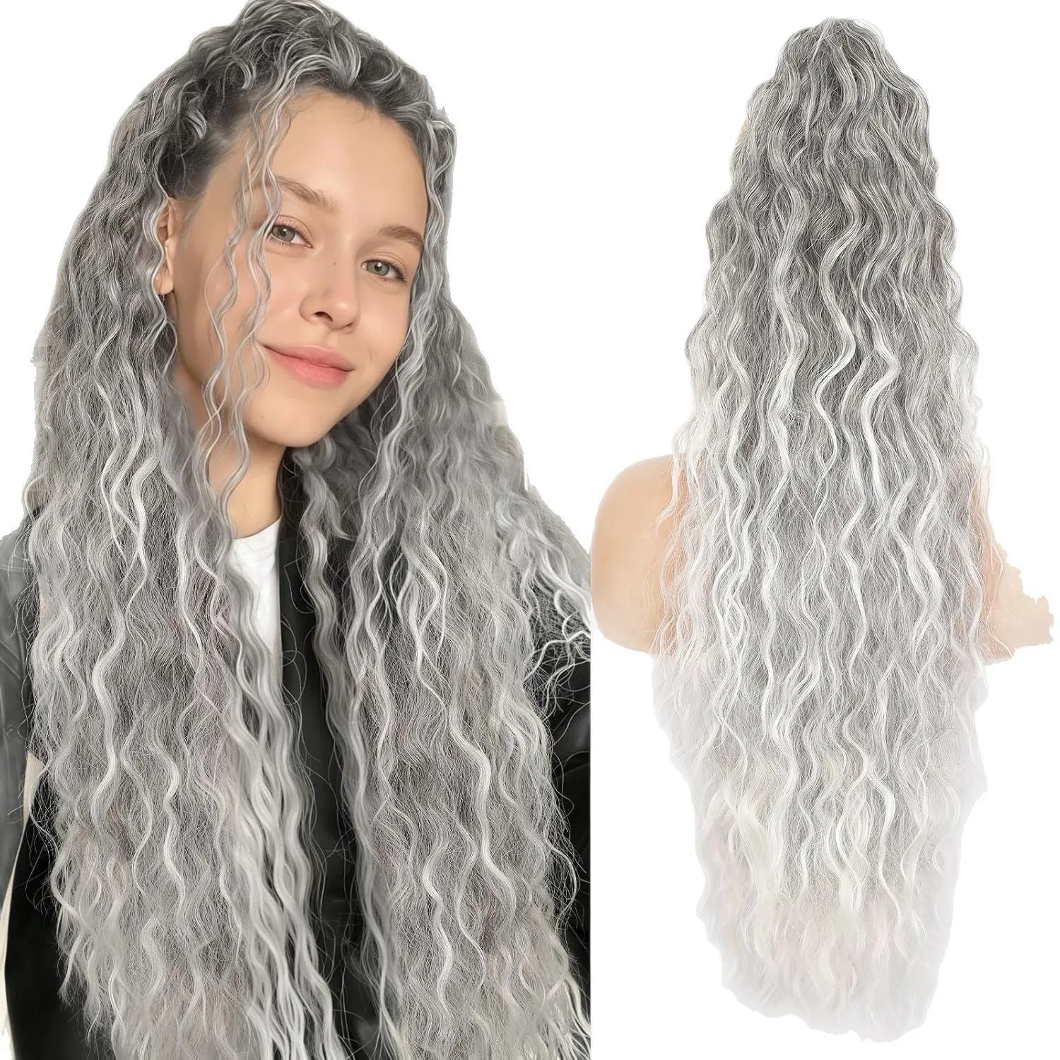Long 30-inch curly synthetic ponytail wig in high temperature fibre.