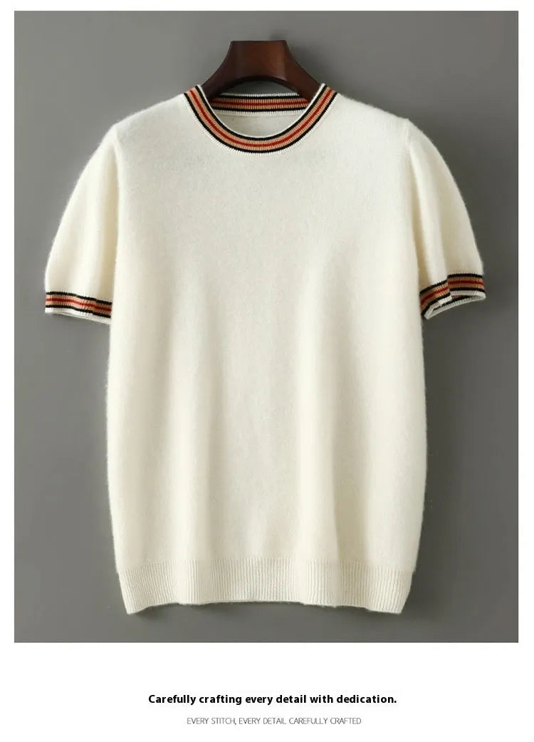 Men's pure wool short sleeve round neck sweater in grey displayed flat