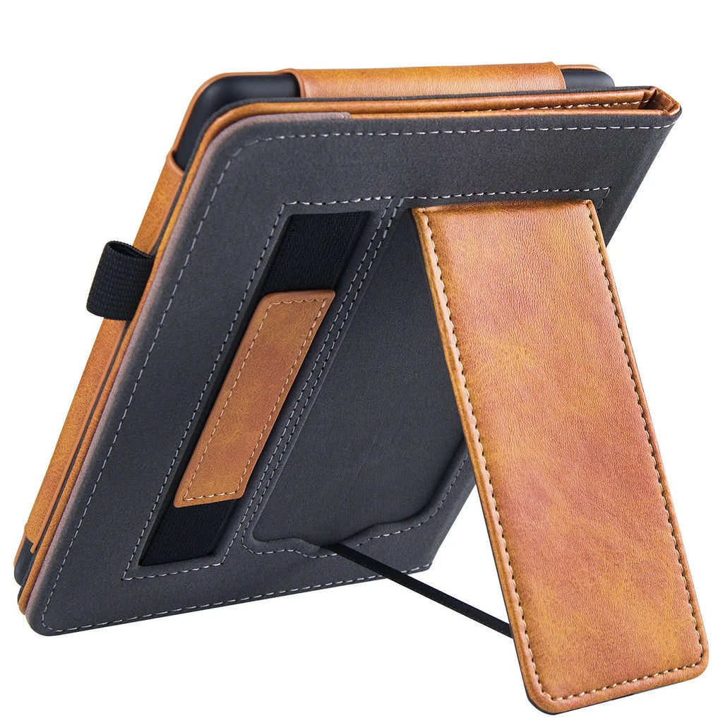 Kindle Paperwhite 11 leather case with attached wrist splint bracket in a choice of colours.