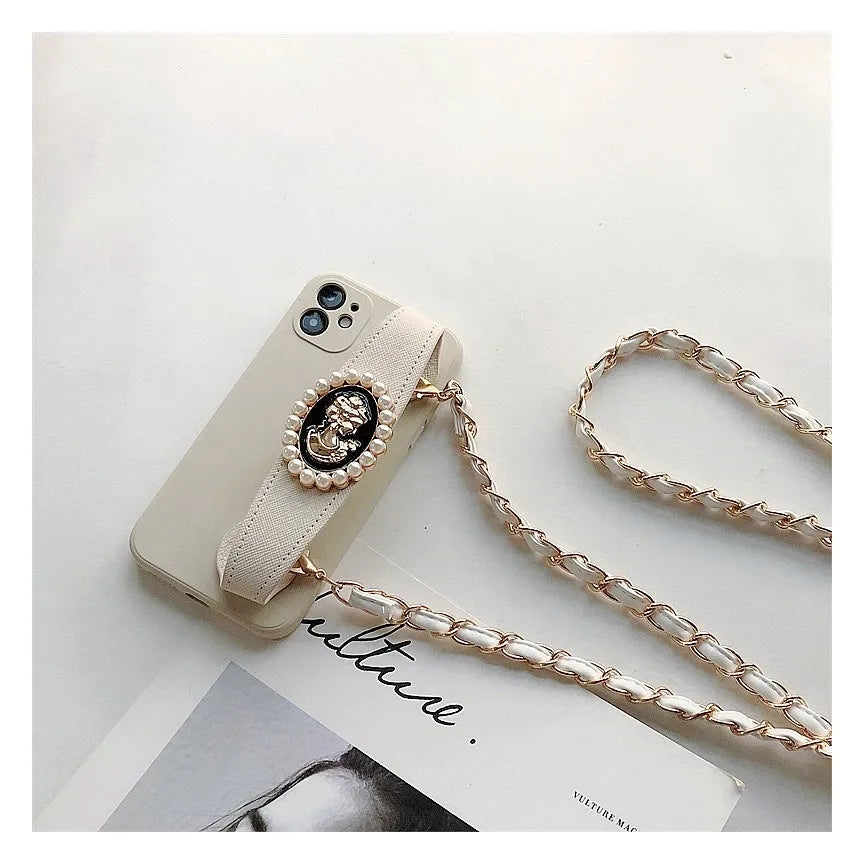 White TPU wrist strap crossbody chain protective case for iPhone with lanyard