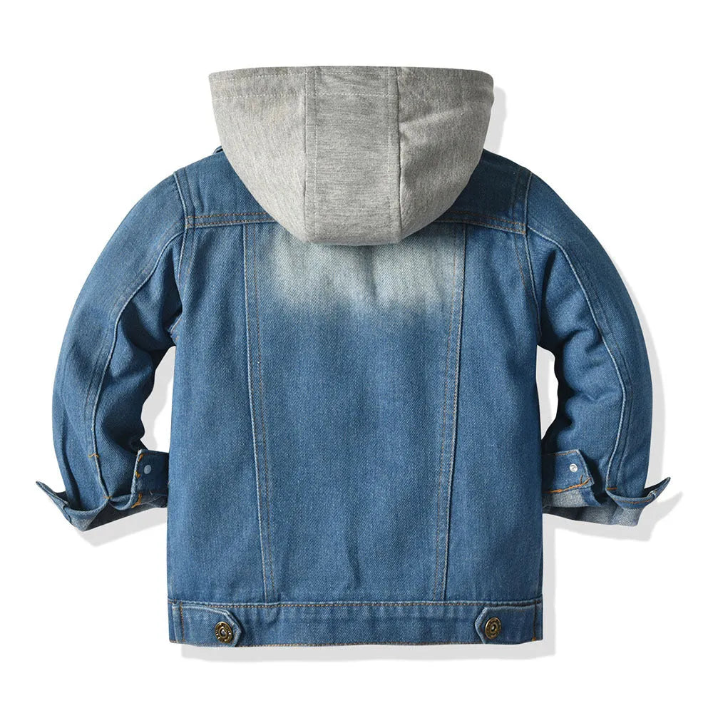 Grey children's hooded denim-style jacket with lapel collar loose fit