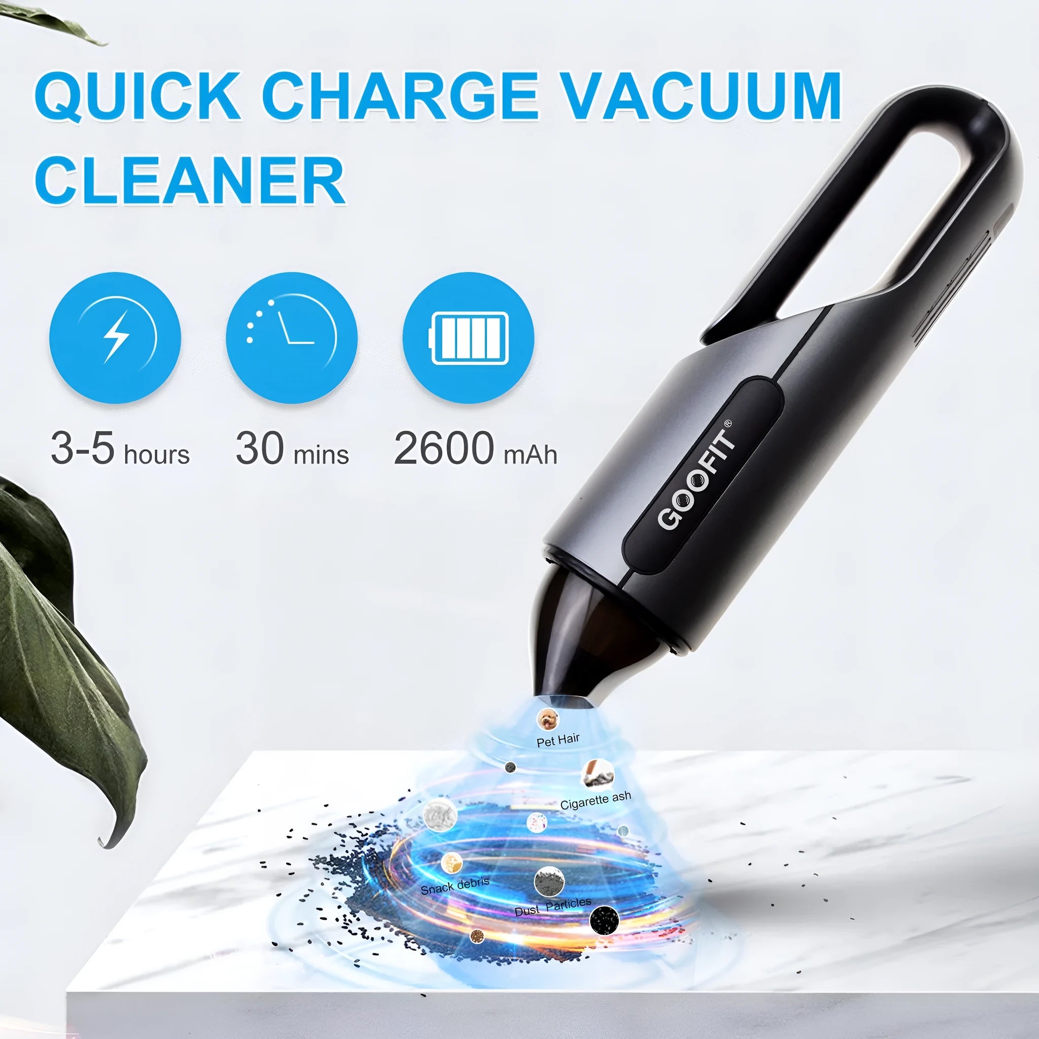 Black portable cordless handheld car vacuum cleaner with brush and flat attachments on a car seat.