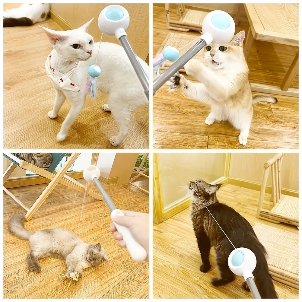 Retractable cat teaser stick with replacement feather head, 85g, available in blue or pink