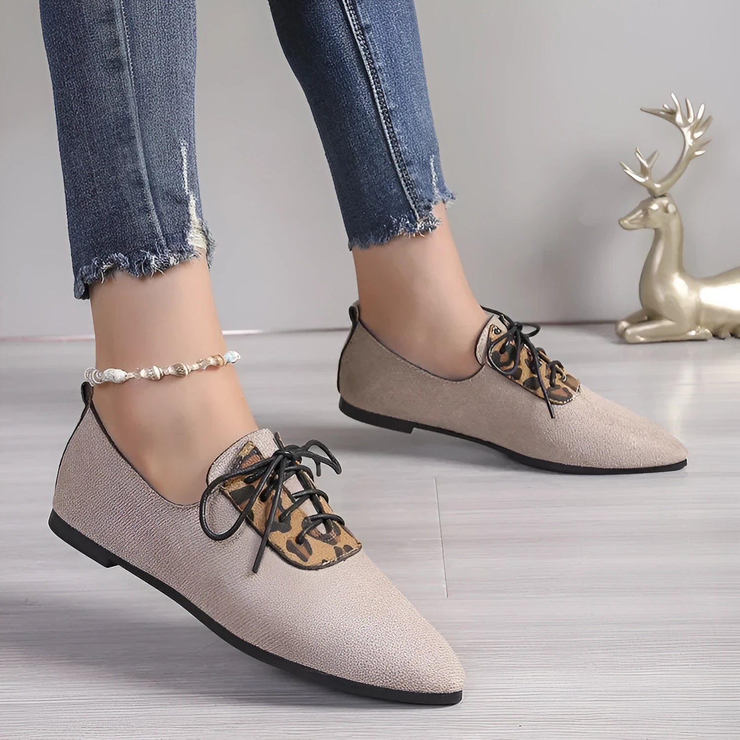 Beige leopard print pointed toe pumps for women in plus sizes with faux PU upper and rubber sole