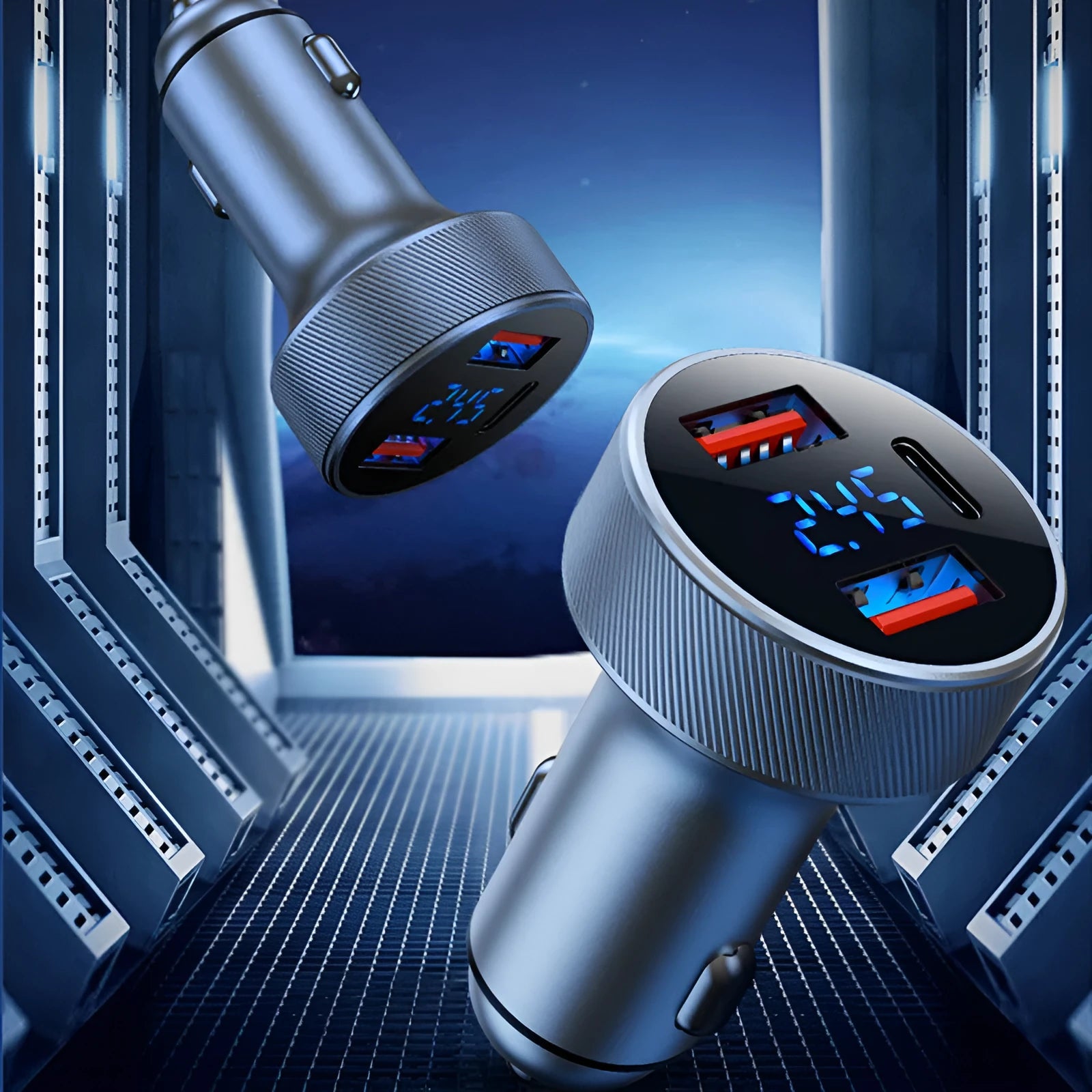 Black aluminium alloy car charger with digital display and three cigarette lighter ports.