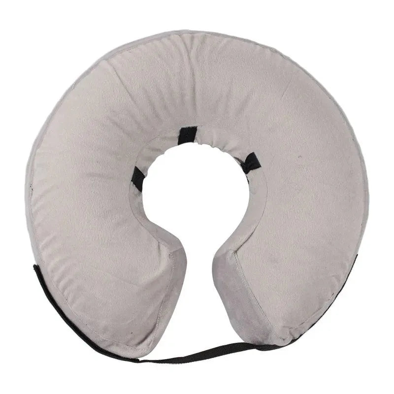 Blue inflatable dog recovery collar fastened around a dog's neck showing soft cone alternative