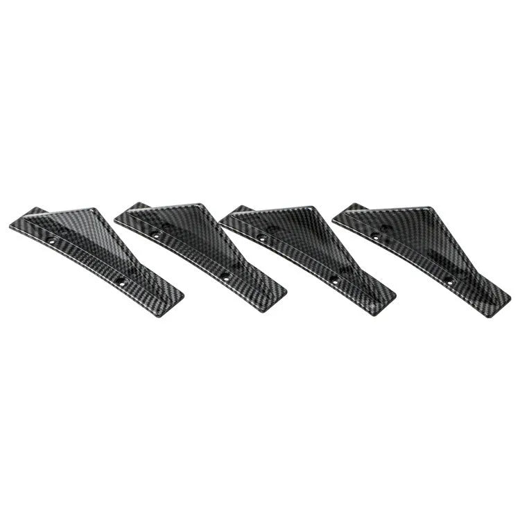 Set of four universal triangle car rear spoilers in ABS plastic, shown in bright black and carbon fibre finishes.